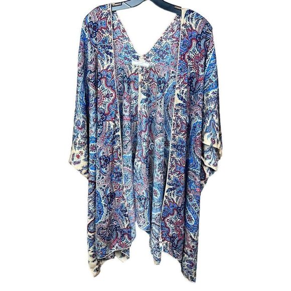 Poema Kimono Robe Duster Blue Red Black Cream Paisley Print Women OS - Picture 1 of 11